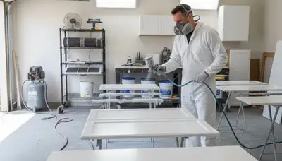 Professional cabinet painting process in Pasadena, CA using spray and brush for smooth kitchen finishes
