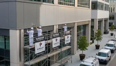 Professional commercial painters finishing stucco exterior of Pasadena CA office building