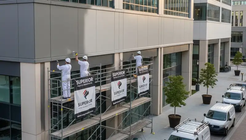 Professional commercial painters finishing stucco exterior of Pasadena CA office building