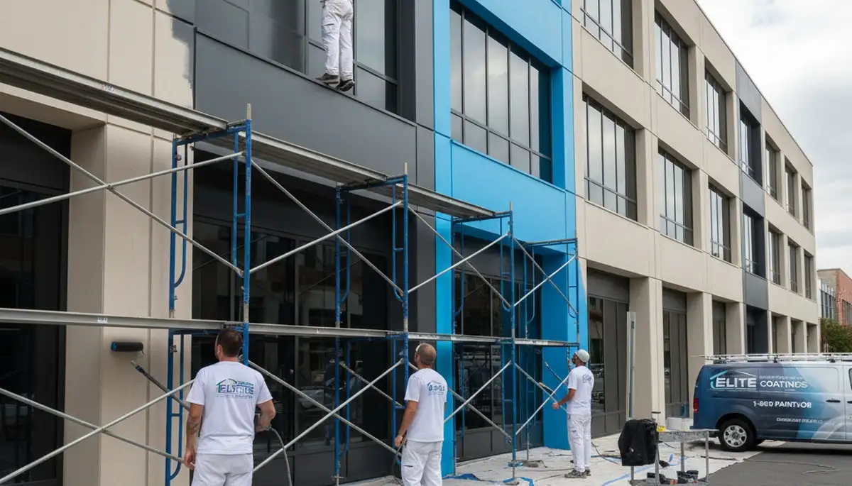 Commercial painters applying durable exterior coatings to Pasadena, CA business building stucco