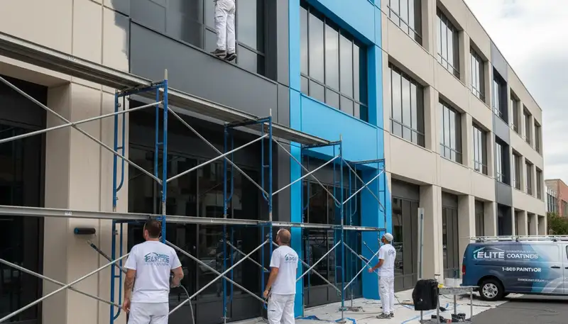 Commercial painters applying durable exterior coatings to Pasadena, CA business building stucco