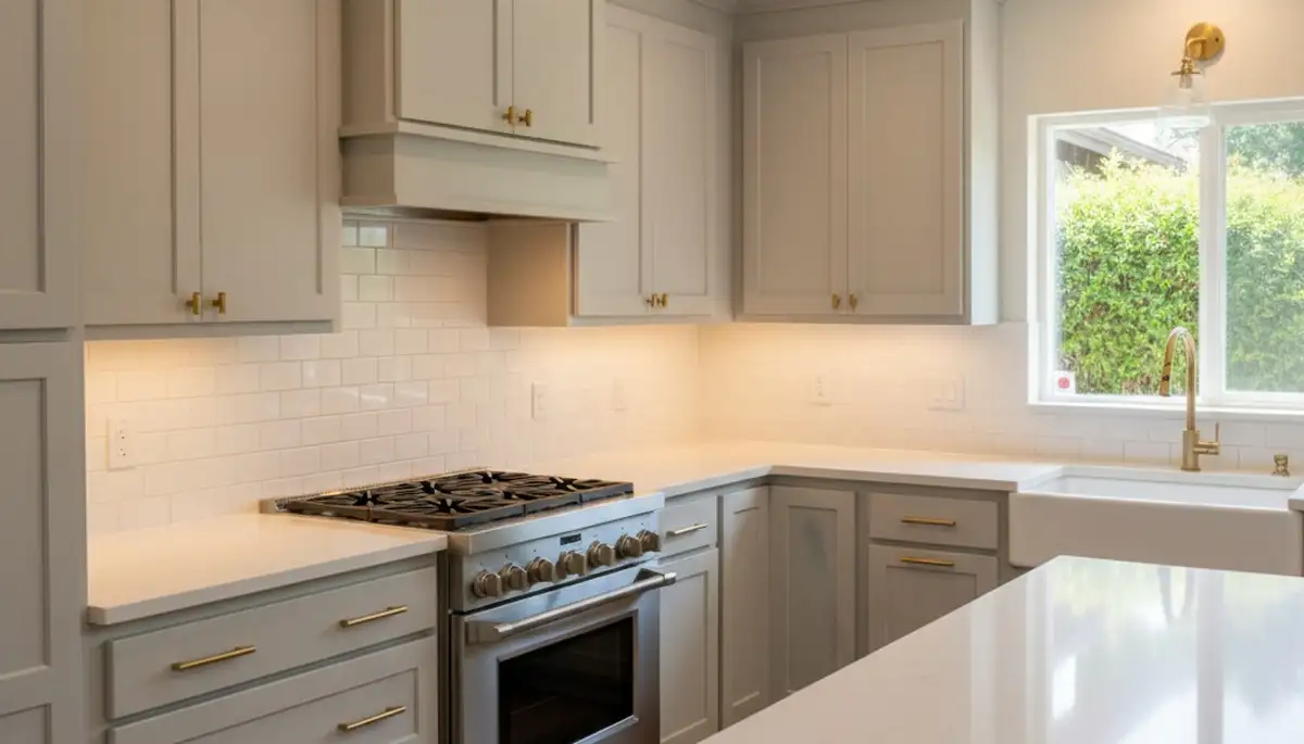 Refinished kitchen cabinets with smooth modern finish by house painters in Pasadena, CA