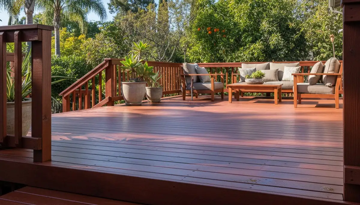 Finished deck staining in Pasadena, CA highlighting rich wood tones and durable weather-resistant finish