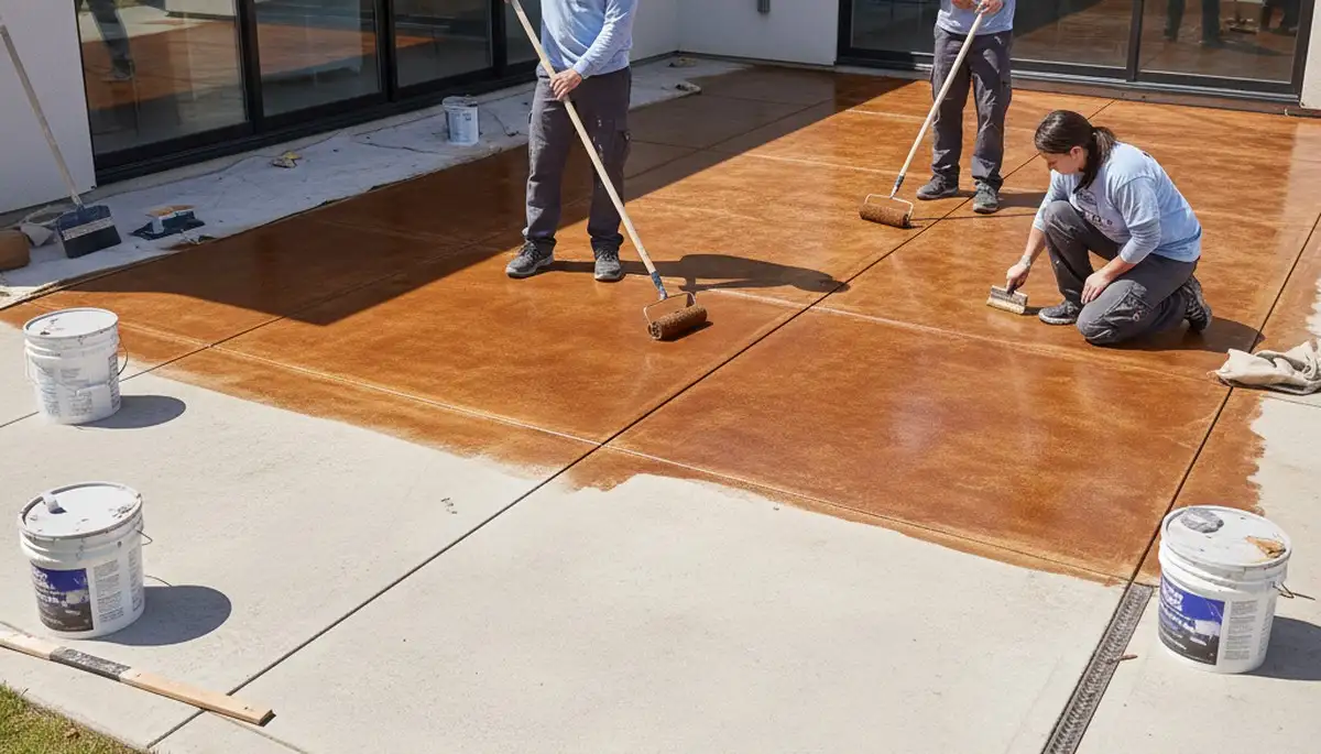 Professional concrete staining on patio floor in Pasadena, CA for durable, long-lasting color finish