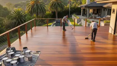 Professional deck staining in Pasadena, CA enhancing wood color and UV protection for outdoor surfaces