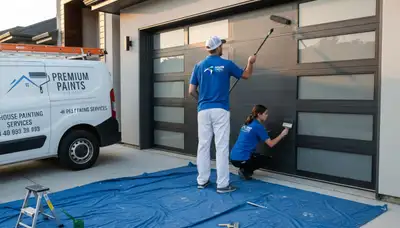 Professional garage door painting on a stucco home in Pasadena, CA by expert house painters