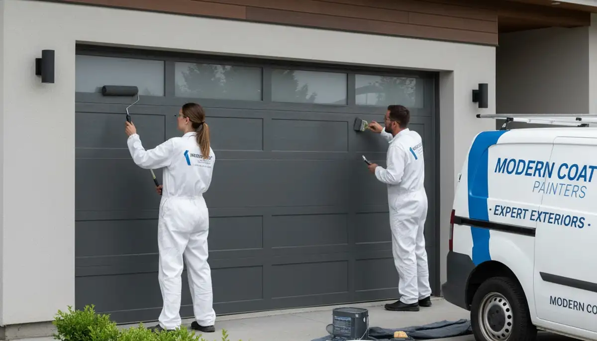 Professional garage door painting on a Pasadena CA stucco home by expert house painters