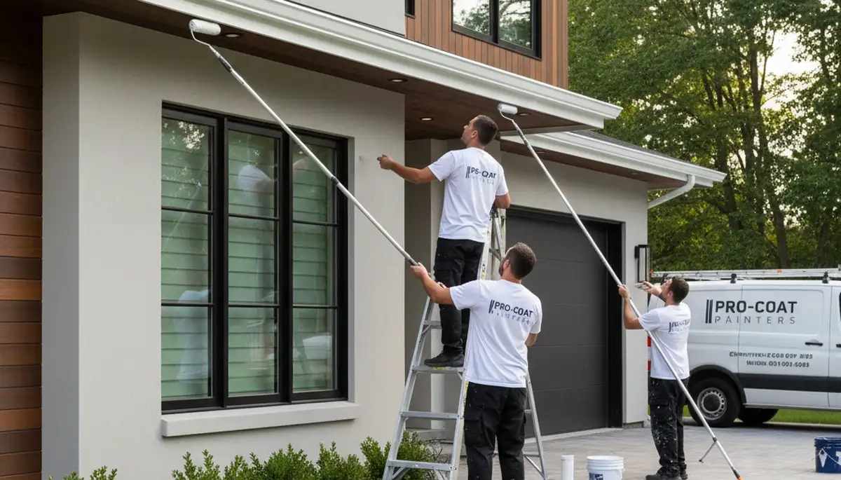 Professional gutter painting on stucco home by expert house painters in Pasadena, CA
