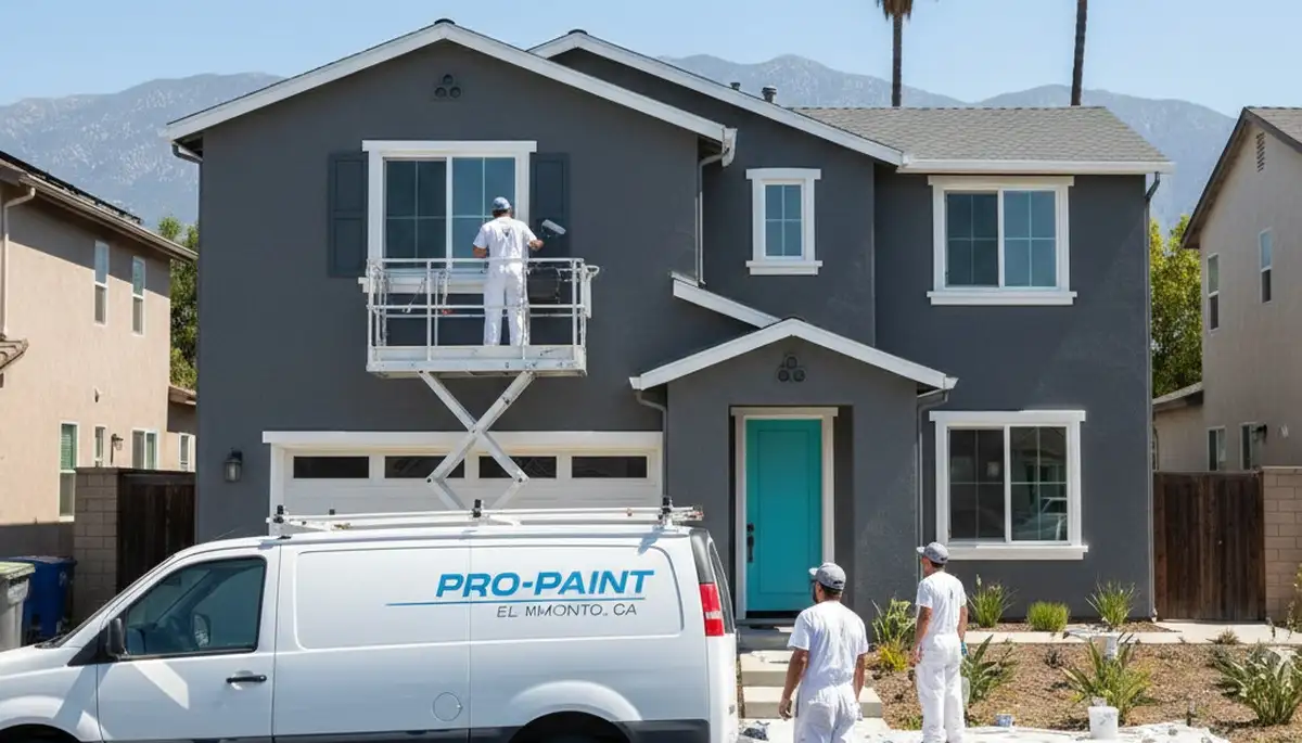 Professional house painters finishing exterior home in Pasadena, CA with high-quality paint and equipment
