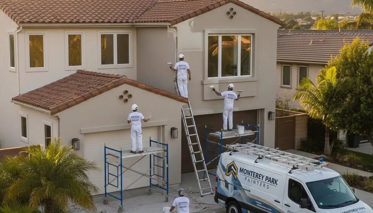 Professional house painters finishing exterior home in Pasadena, CA with fresh, high-quality paint