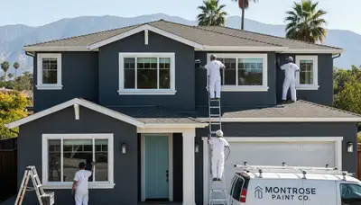Professional house painters in Pasadena CA applying exterior paint to a residential home facade