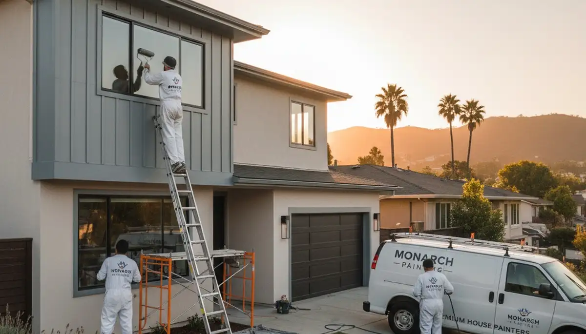 Professional exterior house painters finishing a Pasadena CA home with fresh paint and clean detailing