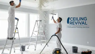 Technicians removing popcorn ceiling and refinishing smooth surface in Pasadena, CA home interior