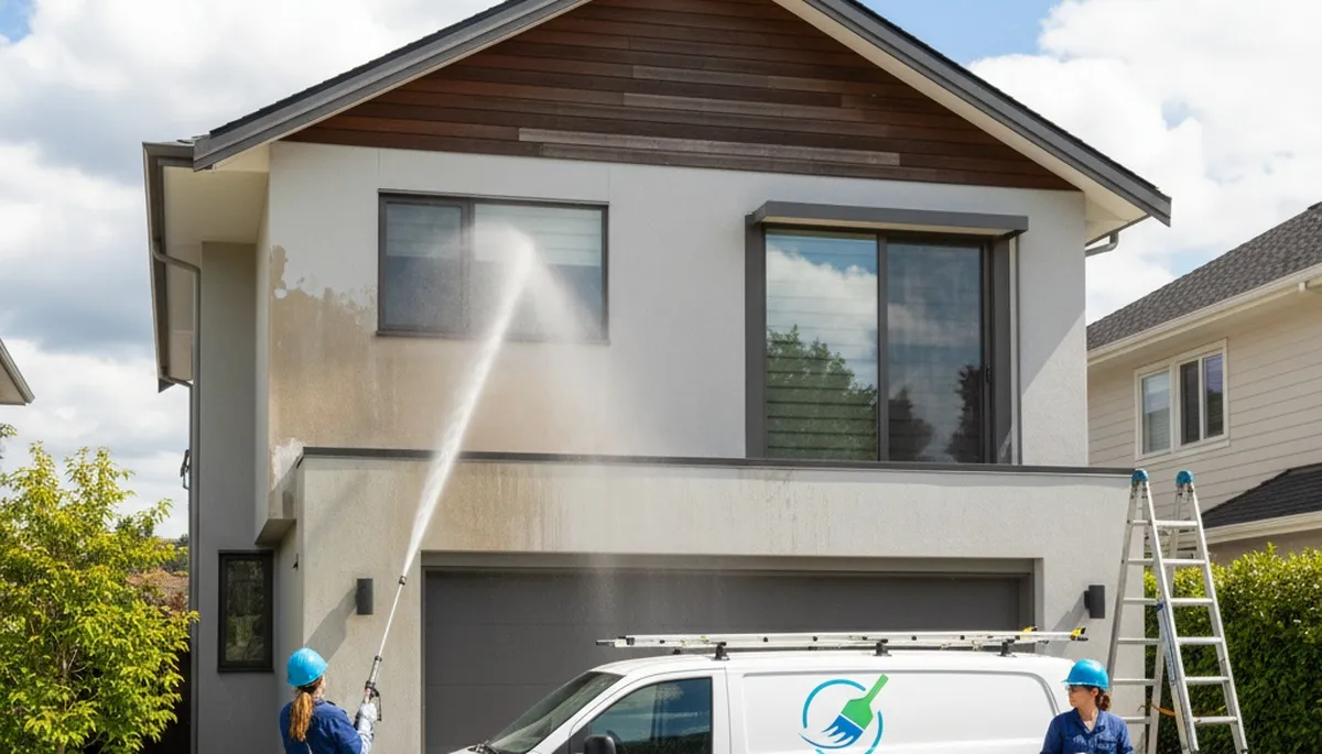 Professional pressure washing stucco home exterior in Pasadena, CA by local house painting experts