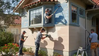 Painter prepping stucco exterior for new coating in Pasadena, CA home exterior painting project
