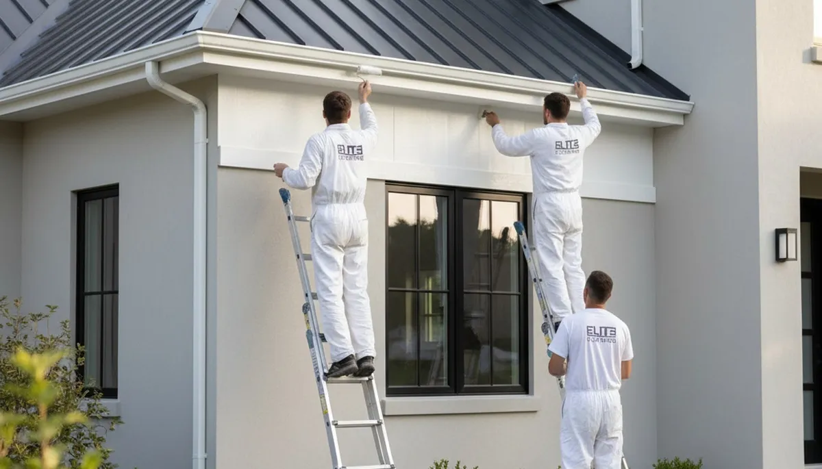 Professional trim and fascia painting on a Pasadena, CA stucco home by expert house painters