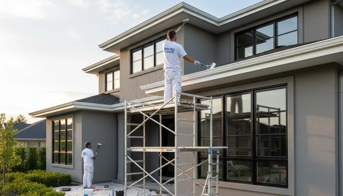 Professional trim and fascia painting on Pasadena, CA stucco home by expert house painters
